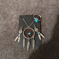 Dream Catcher Long Necklace With Earrings And Ring 