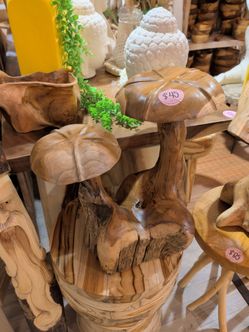 Hand-Carved Teak Wood Mushroom Sculpture