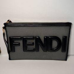 Fendi Black Mesh and Leather Large Logo Flat Pouch