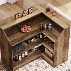 Open Box New BYBLIGHT Kearsten Brown 46.5 in. Bar Cabinet, L-Shaped Home Bar Table with Stemware Racks, 4-Tier Corner Bar Unit for Home 