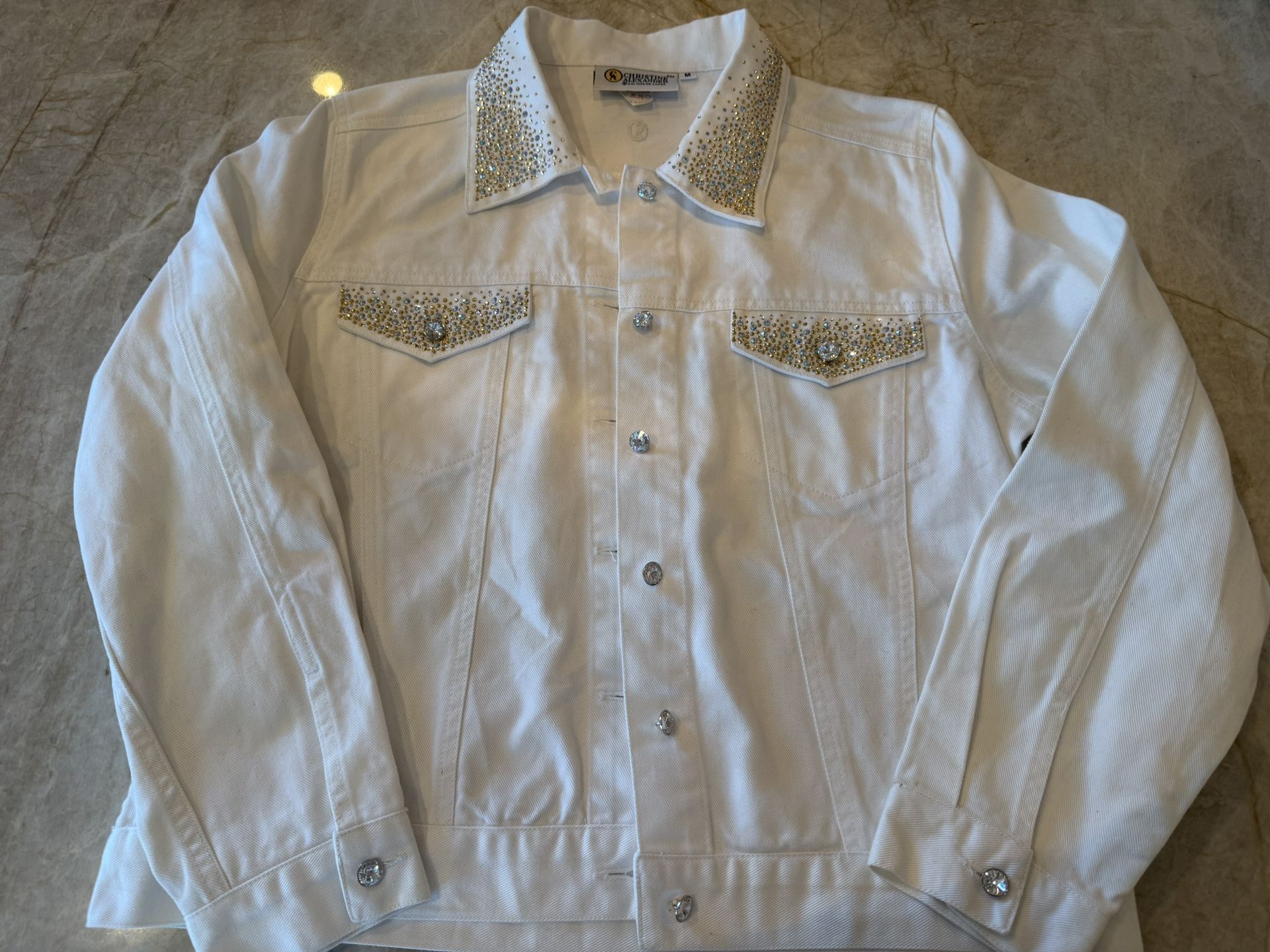 Christine Alexander Medium White Denim Swarovski Crystal Jacket