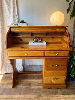Vintage Solid Pine Roll Top Desk