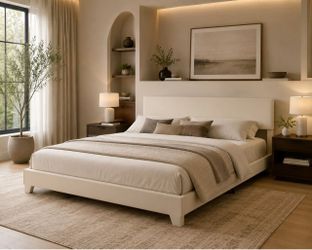 King bed Upholstered Bed Frame Adjustable Headboard, White Platform Bed with Heavy Duty Mattress Foundation, Noise-Free, Easy Assembly, Wood Slat Supp
