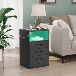 O404 $60  Nightstand with Charging Station and LED Lights, Black Nightstand for Bedroom with USB Ports & Power Outlets, Wooden End Side Table with 3 D