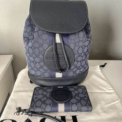 Coach Dempsey Drawstring Backpack In Signature Jacquard With Coach Patch And Stripe And Matching Wallet 