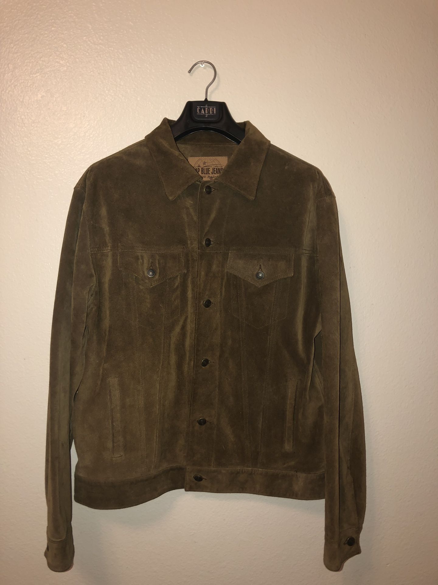 Men’s Vintage GAP Blue Jeans Suede cow split leather trucker jacket Size L