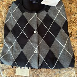 Lands End NWT Women’s Cotton Black Argyle Cardigan Sweater Size L