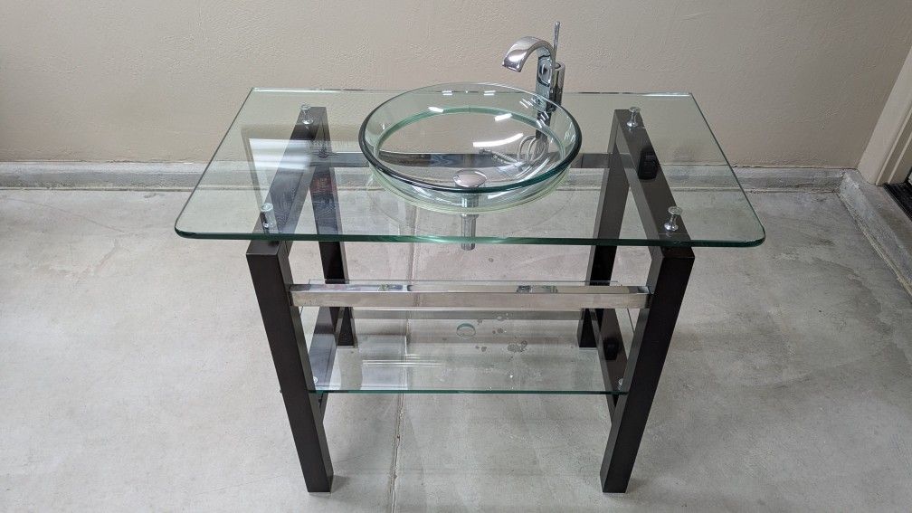 Glass Vanity And Bowl With Mirror