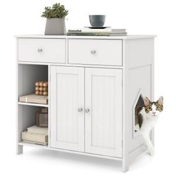New Costway Cat Litter Box White Enclosure Dresser with Drawers & Double Door Shelves