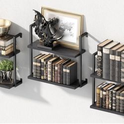 Wall Mounted Bookshelves Set of 3, Floating Shelves for Wall, 6-Tier Wooden Hanging Bookshelf, Easy Installation Book Organizer for Home Office, Livin