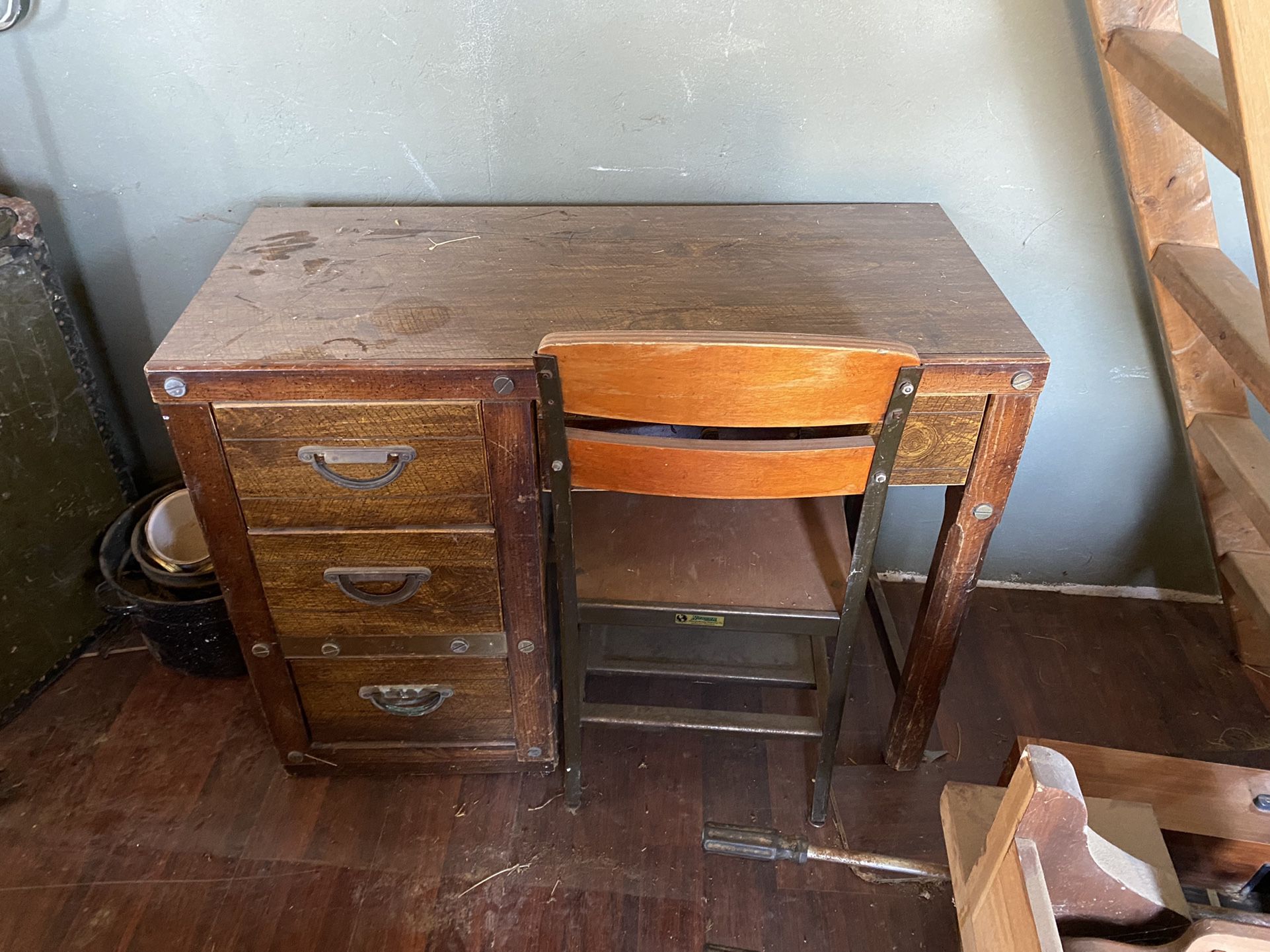 Vintage Wooden Teacher/Secretary Desk and Chair