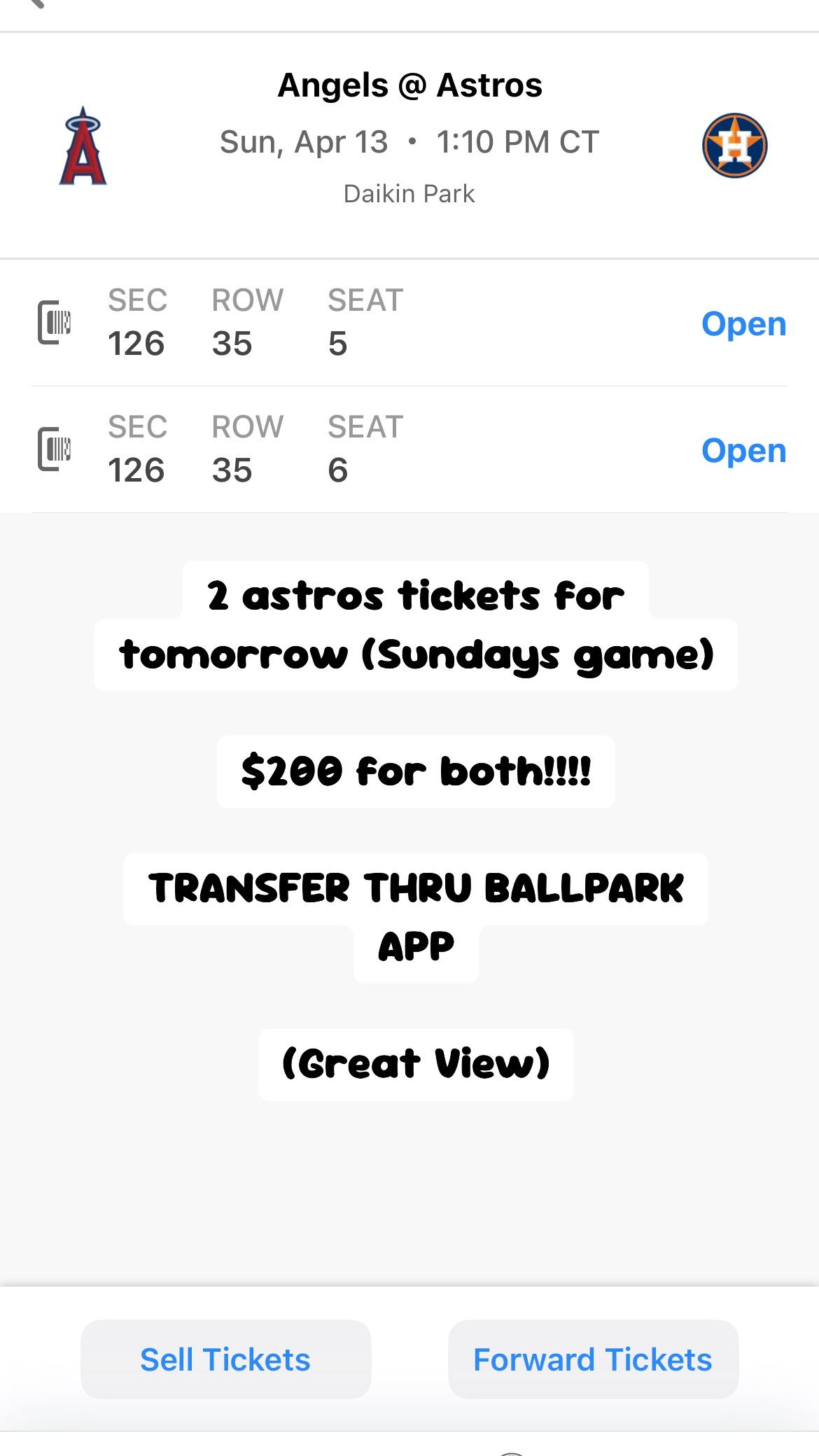 ASTROS TICKETS FOR SUNDAY