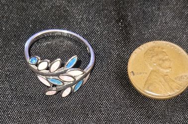 Size 7 1/4 BLUE WHITE PINK TRICOLOR INLAY OPAL RING HAWAIIAN MAILE LEAF 925 STERLING SILVER