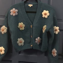 CABLE & GAUGE Women’s Color: Blue / White Open Cardigan Sweater Black Knit Long Sleeve Medium 