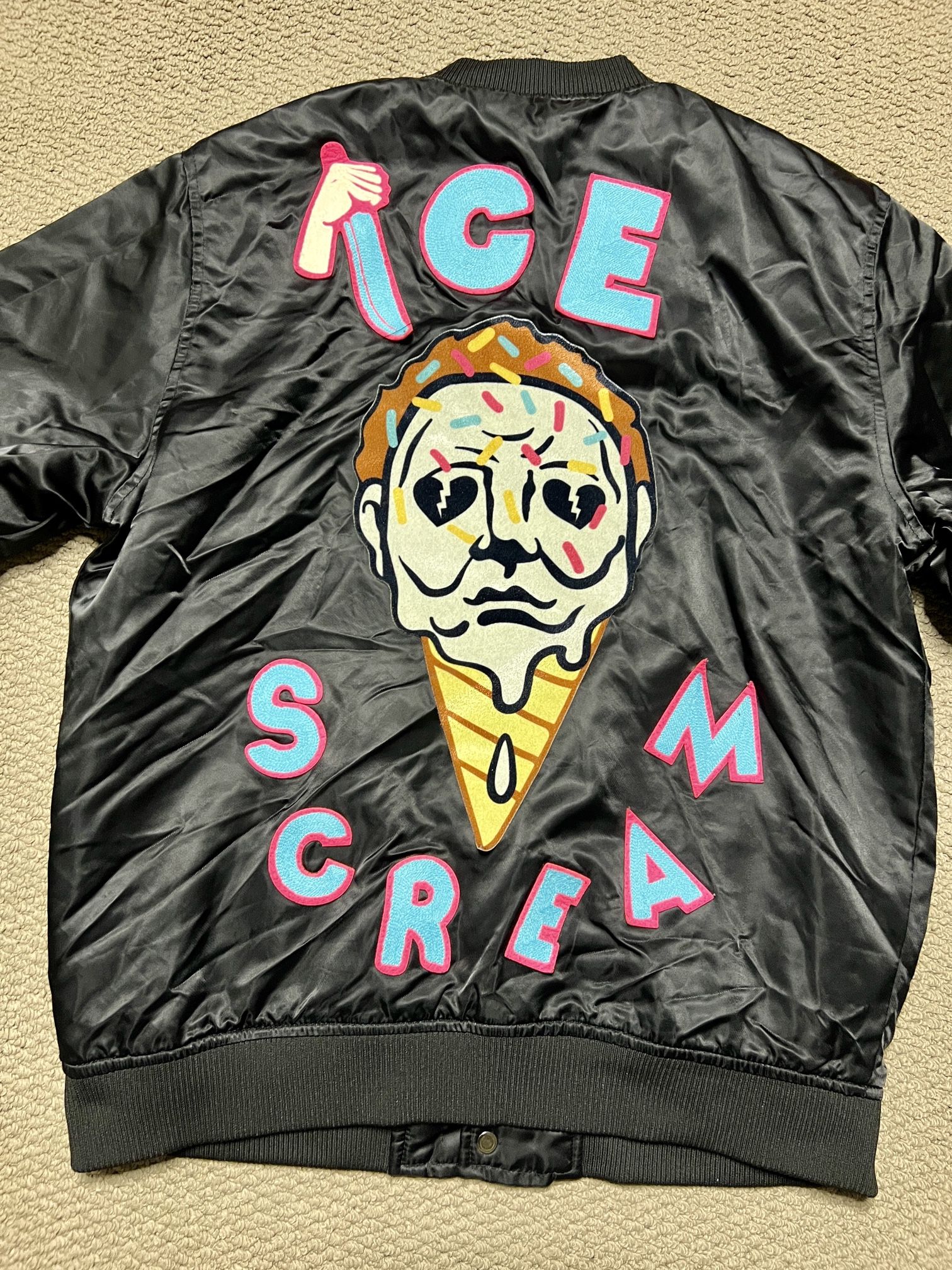 Roku Studio 'Ice Scream' Black Satin Bomber Jacket M