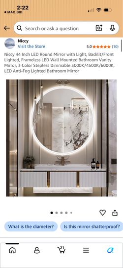 Niccy 44” LED Round Mirror with Light, Backlit/Front Lighted, Frameless LED Wall Mounted Bathroom Vanity Mirror, 3 Color Stepless Dimmable 3000K/4500K