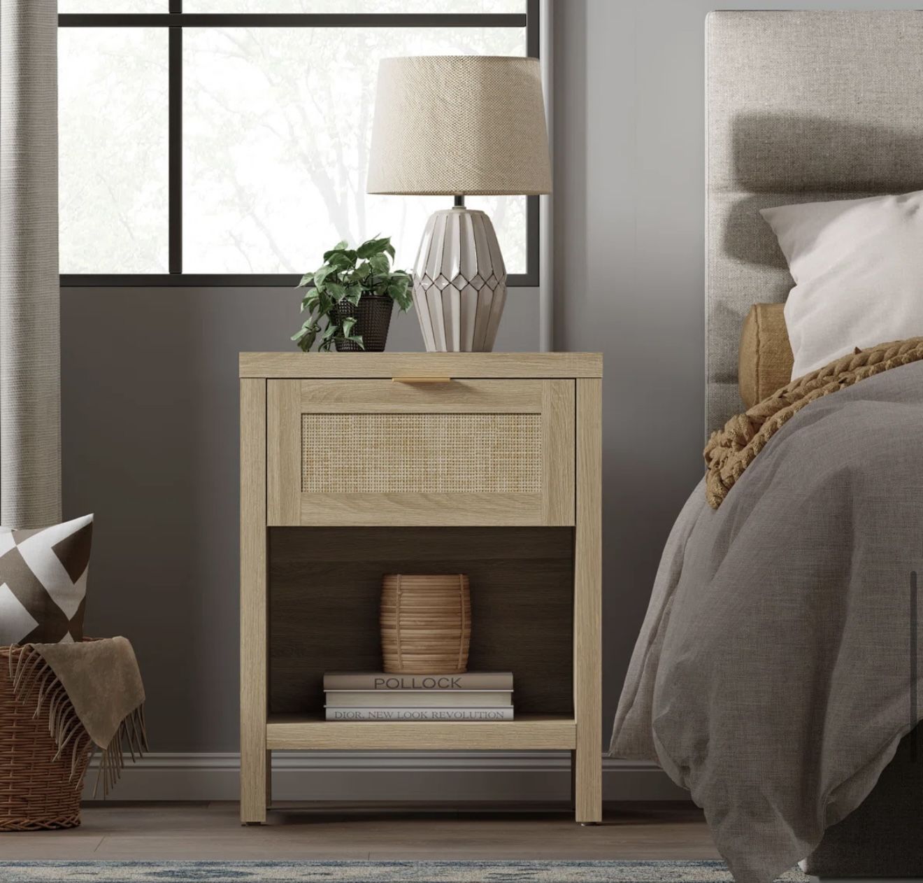 New set of 2 Rattan Nightstands Farmhouse Night Stand Bedside Table Drawer and Storage light oak