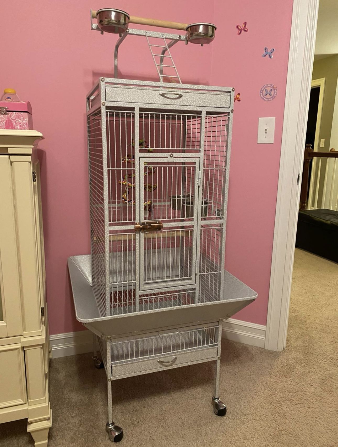 61” Wrought Iron Bird Cages, Play Top Large Aviary w/ Stand for Cockatiel Parrot Sun Parakeet Conure