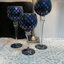 Set Of 3 16” + 14” + 12” High Iridescent Glass Acrylic, Mosaic Candle Holders 