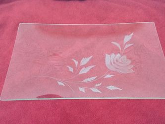 Etched Rose Glass Serving Tray, 16”x 10”