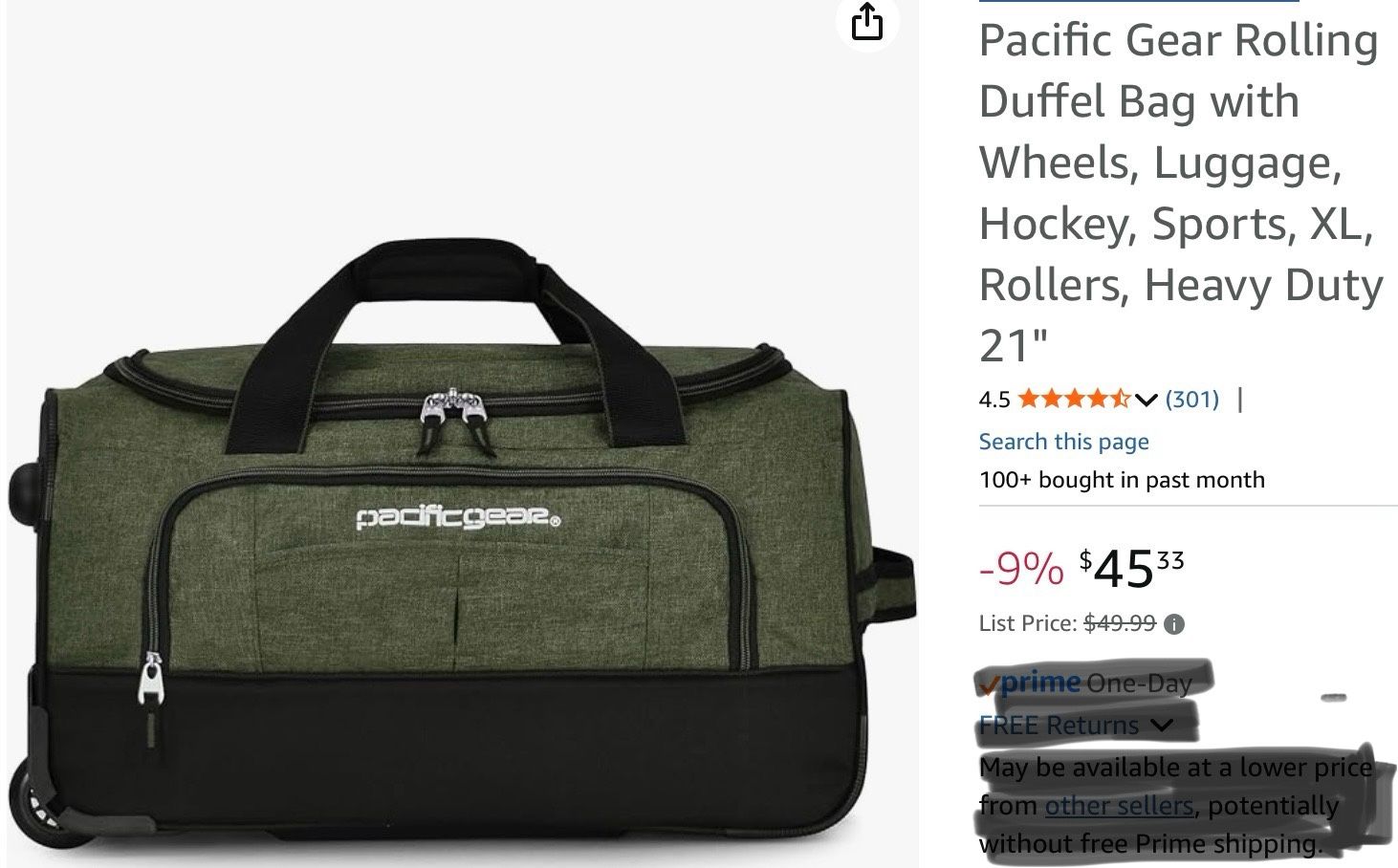 PACIFIC GEAR WHEELED ROLLING DUFFEL BAG,