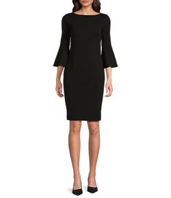 Calvin Klein 3/4 Bell Sleeve Boat Neck Sheath Dress - Black