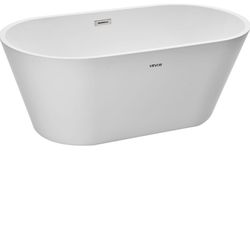 Acrylic Freestanding Bathtub, 59 Inch Contemporary Soaking White Tub with Brushed Nickel Overflow and Drain, Elegant Oval Shape Stand Alone Soake
