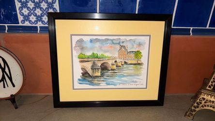 Framed Paris Watercolor Painting – Louvre & Pont Royal