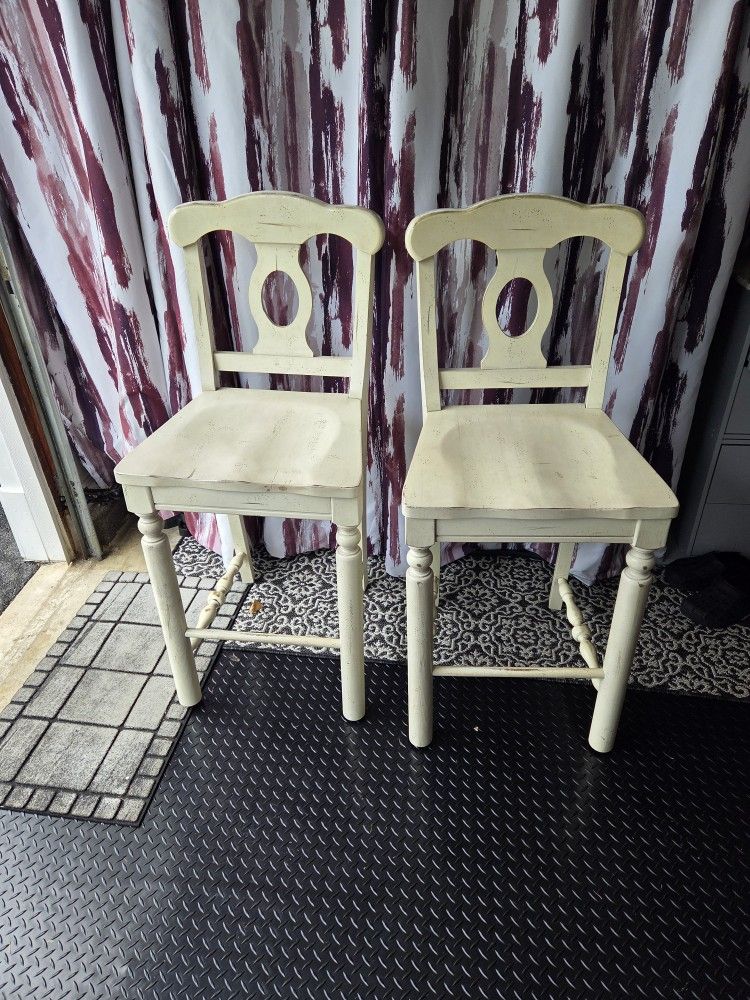 2 distressed wood bar stool chairs