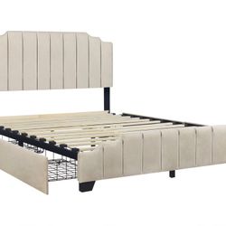 NEW IN BOX Platform Beige Bed Frame- Queen, King with Side Drawer Storage