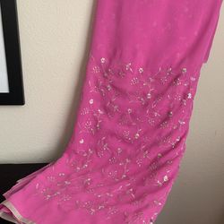 Georgette Silver zari, stone Embroidered Floral Hot Pink Sharee with Blouse New