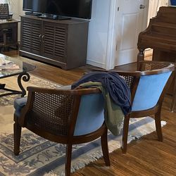 2 Rattan Chairs with Blue Cushions