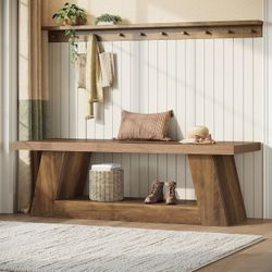 63" Wooden Entryway Bench Rustic End of Bed Bench with Storage Shelf, 2-Tier Hallway Seating Bench for Living Room, Bedroom, Kitchen (Brown)