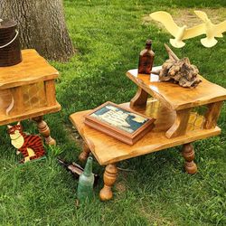 2 Pc. 1960's-70's Vintage Country Cabin Two Tier Wooden Side Table Set