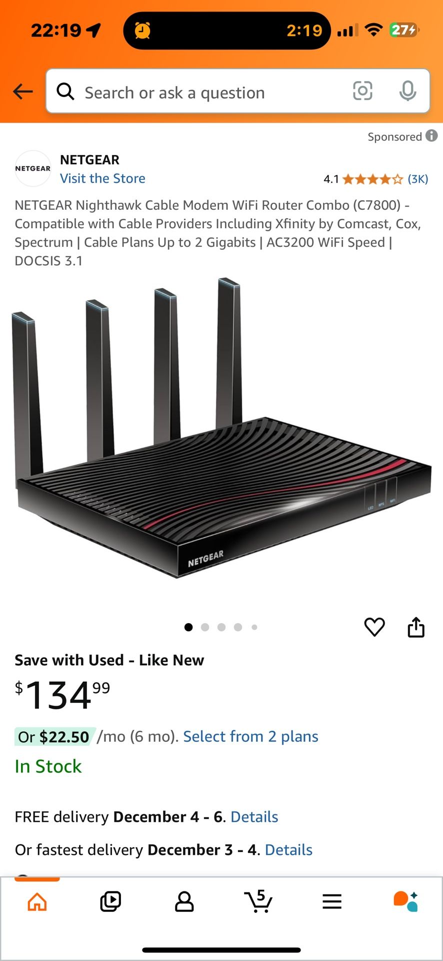 Netgear Nighthawk Cable Modem Router Combo C7800, AC3200. DOCSIS 3.1
