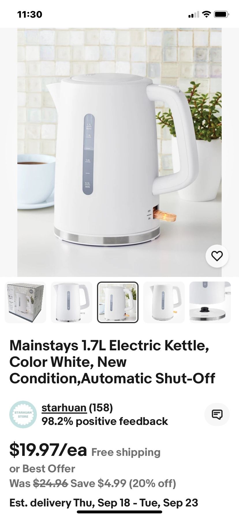 Electric Kettle, Mainstays, New , White 