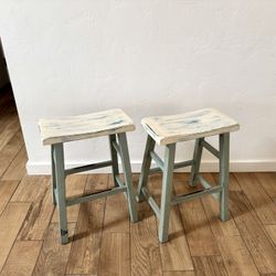 PAIR: White/turquoise Barstools 24” Counter Height Wood