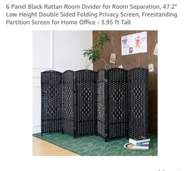 6 Panel Black Rattan Room Divider for Room 3.95 ft tall