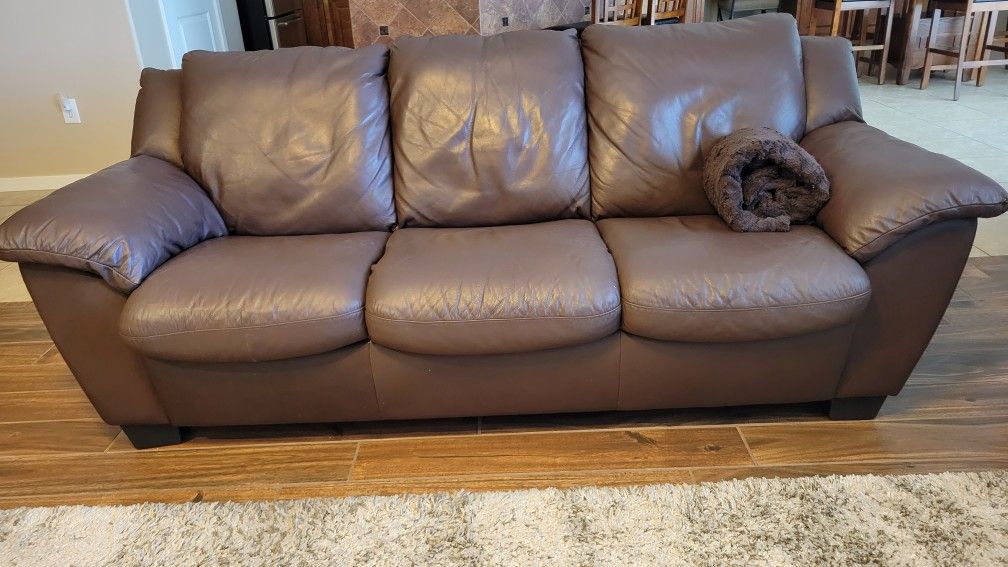 Brown Leather Sofa, Love Seat & Ottoman Set