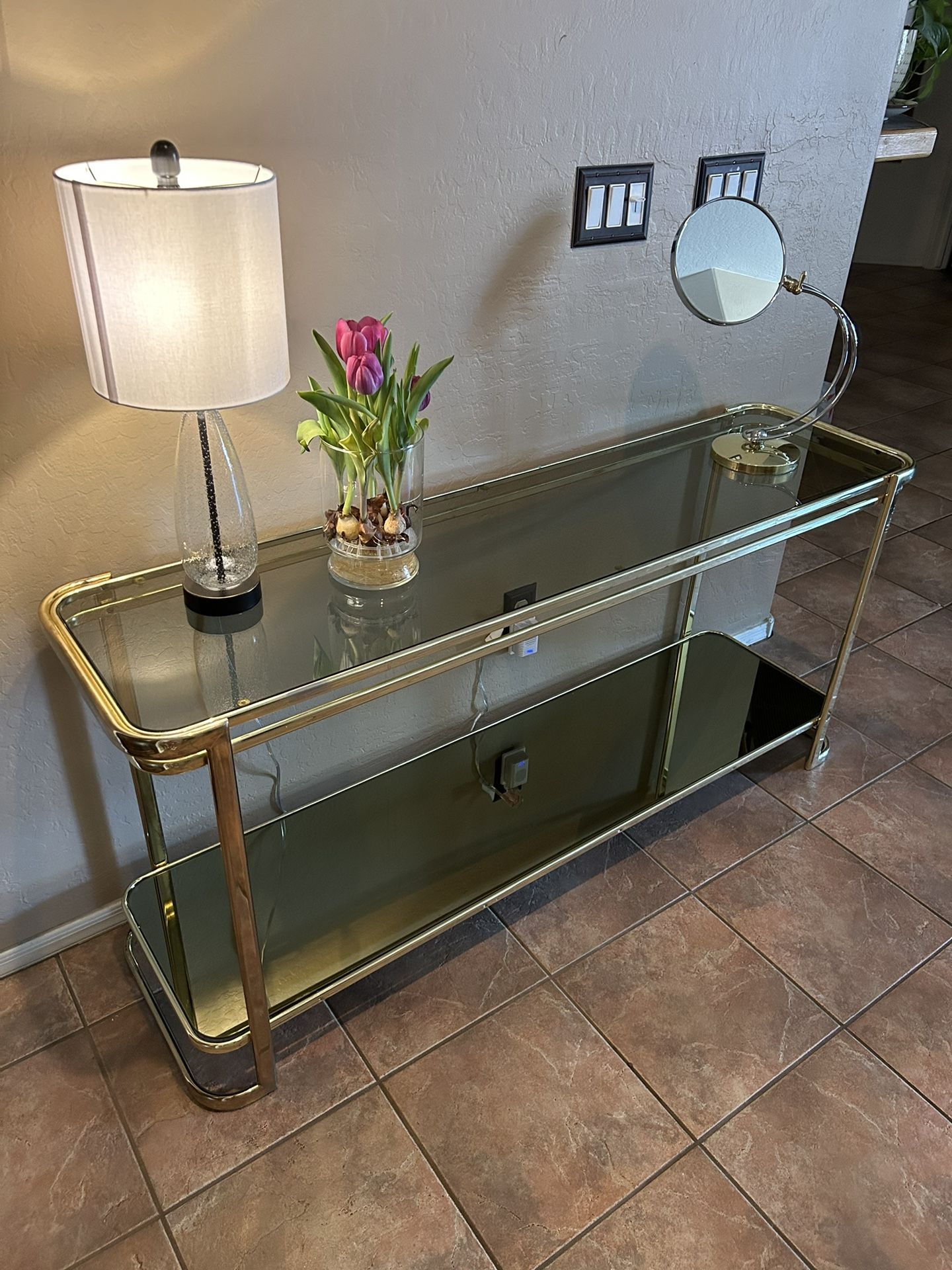 FULCHER MID-CENTURY Baughman-Style Brass & Smoke Glass Mirrored Console Table