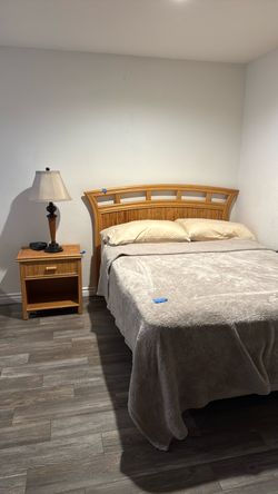 Wood and Rattan Bed Frame with Headboard