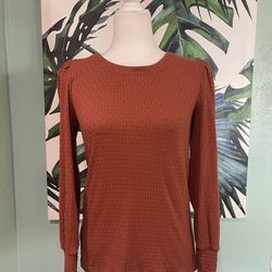 LOFT Rust Textured Long-Sleeve Crewneck Top