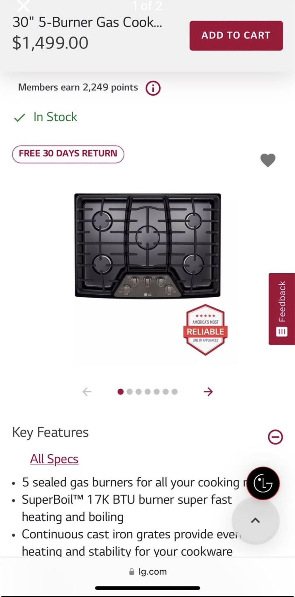 LG LCG3011ST 30” Black Steel Cooktop with Super Boil BRAND NEW