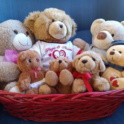 Red Basket With 7 Teddy's Bear