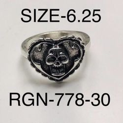 Silver Heart with Skull Ring For Men & Women: RGN-778-30/Size-6.25