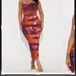 Fashion Nova Fiery Red and Orange Midi Dress