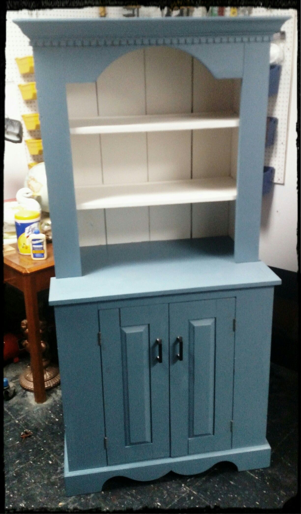 Vintage Solid Pine Painted Hutch / White & Blue Hutch