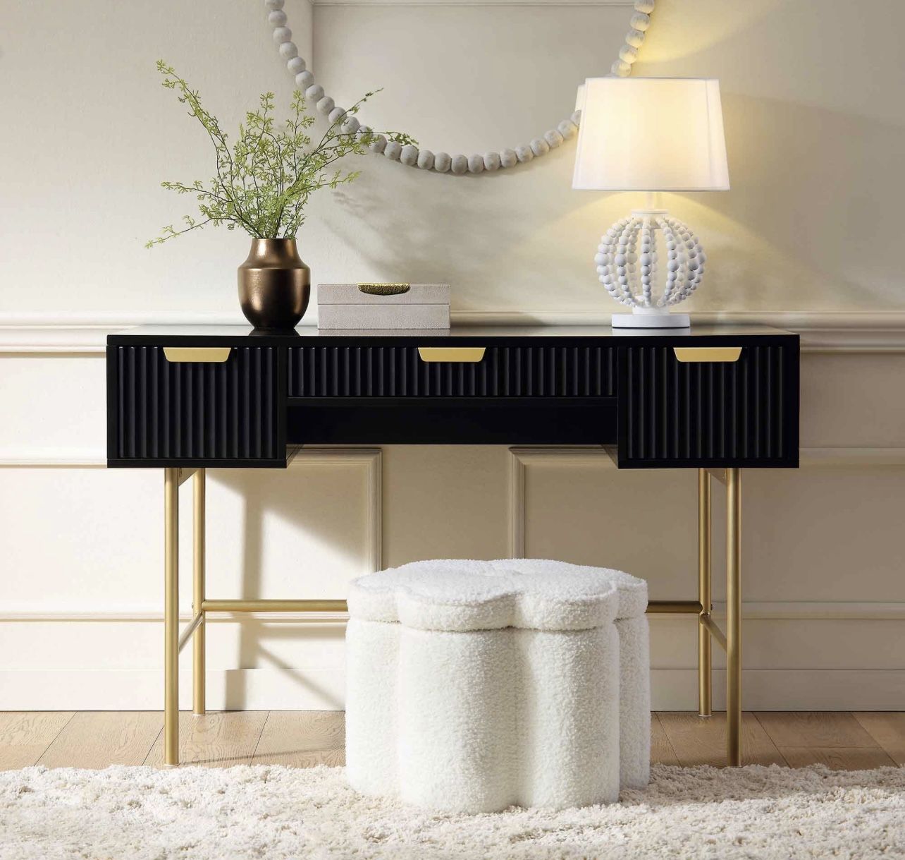 47.6”Inch Fluted Computer Writing Desk with Drawers for Home Office, Black and Gold Vanity Desk, Modern Simple Makeup Desk for Bedroom
