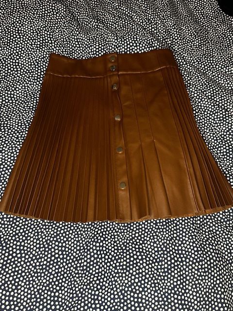 Zara Faux Leather Gold Button High Waisted Accordian Pleated Mini Skirt 