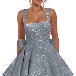 Grey Sequin Dress With Bow - Size 0